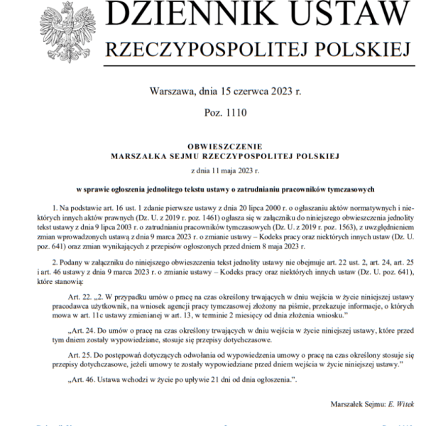 zdjęcie pierwszej strony dziennika ustaw rzeczypospolitej polskiej na temat zatrudniania pracowników tymczasowych